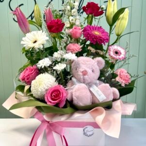 "I LOVE YOU VERY MUCH" pink seasonal box arrangement